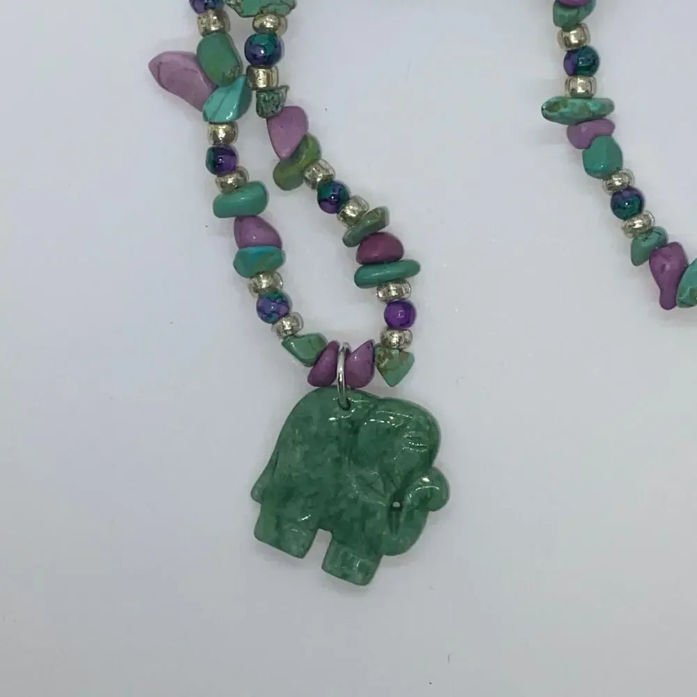 Girls Handmade Rock Beaded Green Elephant Necklace